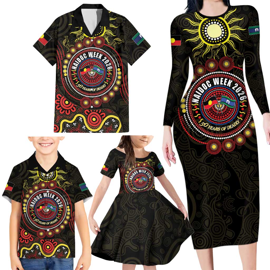 50 Years Of Deadly NAIDOC Week 2026 Family Matching Long Sleeve Bodycon Dress and Hawaiian Shirt Aussie Kangaroo Aboriginal Art