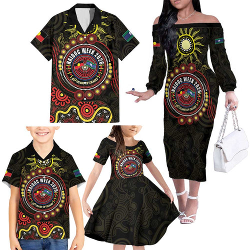 50 Years Of Deadly NAIDOC Week 2026 Family Matching Off The Shoulder Long Sleeve Dress and Hawaiian Shirt Aussie Kangaroo Aboriginal Art