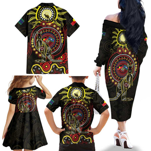 50 Years Of Deadly NAIDOC Week 2026 Family Matching Off The Shoulder Long Sleeve Dress and Hawaiian Shirt Aussie Kangaroo Aboriginal Art