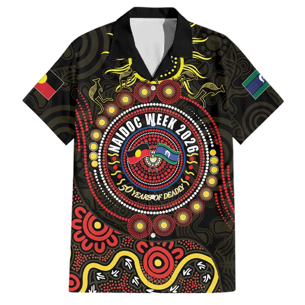 50 Years Of Deadly NAIDOC Week 2026 Family Matching Off The Shoulder Long Sleeve Dress and Hawaiian Shirt Aussie Kangaroo Aboriginal Art