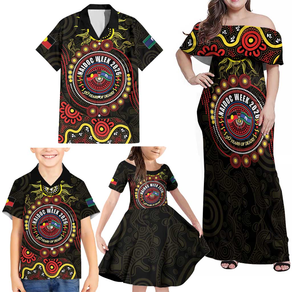 50 Years Of Deadly NAIDOC Week 2026 Family Matching Off Shoulder Maxi Dress and Hawaiian Shirt Aussie Kangaroo Aboriginal Art