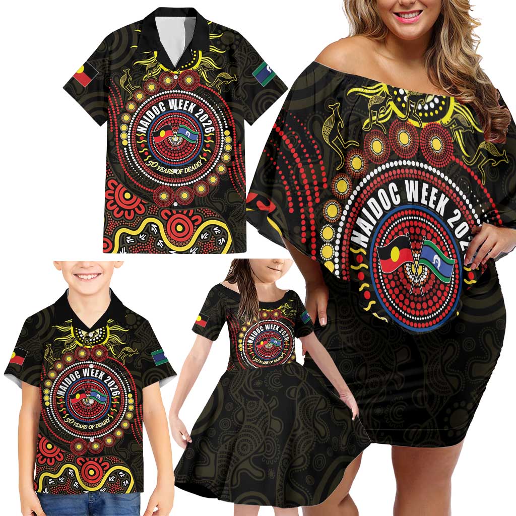50 Years Of Deadly NAIDOC Week 2026 Family Matching Off Shoulder Short Dress and Hawaiian Shirt Aussie Kangaroo Aboriginal Art