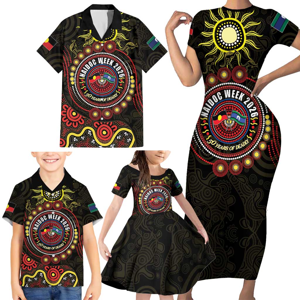 50 Years Of Deadly NAIDOC Week 2026 Family Matching Short Sleeve Bodycon Dress and Hawaiian Shirt Aussie Kangaroo Aboriginal Art