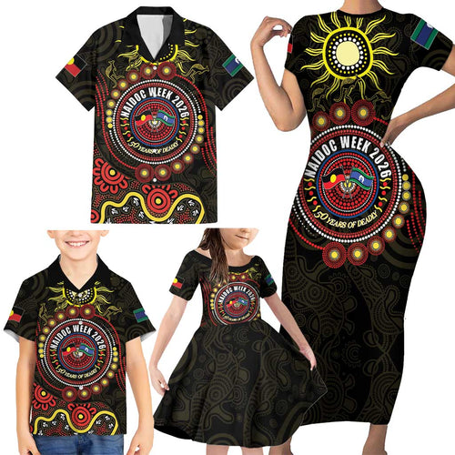50 Years Of Deadly NAIDOC Week 2026 Family Matching Short Sleeve Bodycon Dress and Hawaiian Shirt Aussie Kangaroo Aboriginal Art