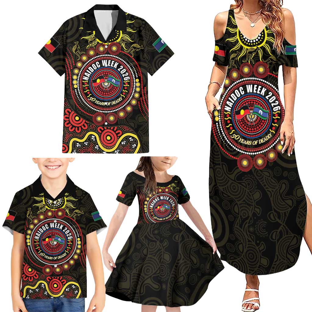50 Years Of Deadly NAIDOC Week 2026 Family Matching Summer Maxi Dress and Hawaiian Shirt Aussie Kangaroo Aboriginal Art