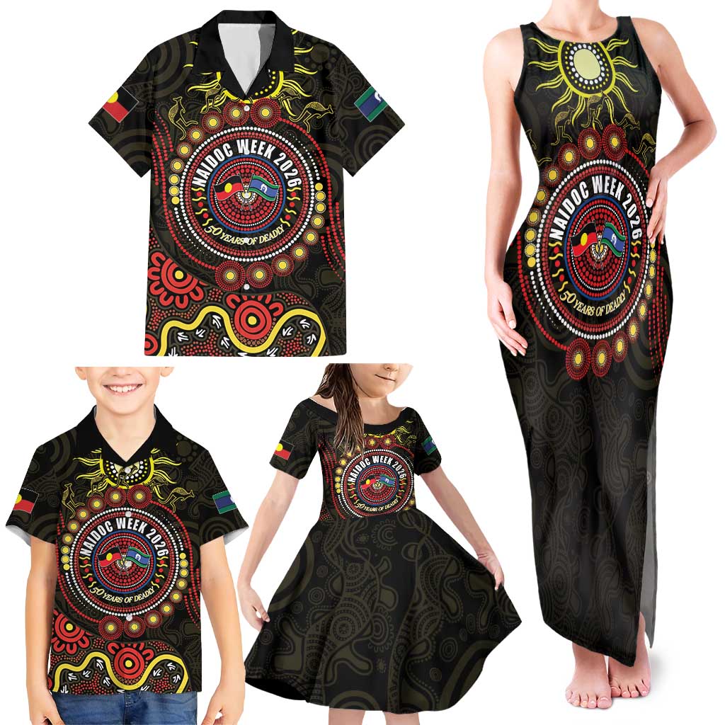 50 Years Of Deadly NAIDOC Week 2026 Family Matching Tank Maxi Dress and Hawaiian Shirt Aussie Kangaroo Aboriginal Art
