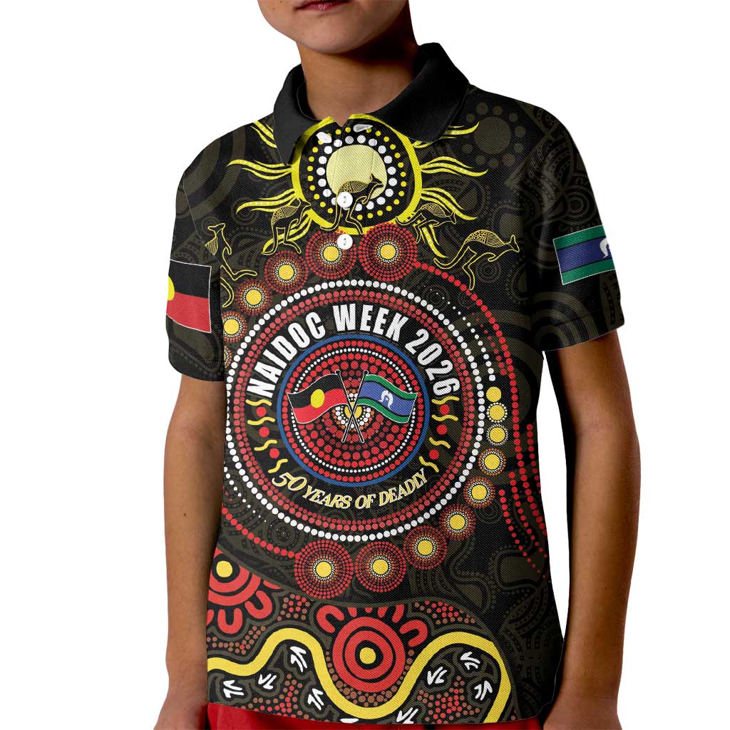 50 Years Of Deadly NAIDOC Week 2026 Kid Polo Shirt Aussie Kangaroo Aboriginal Art