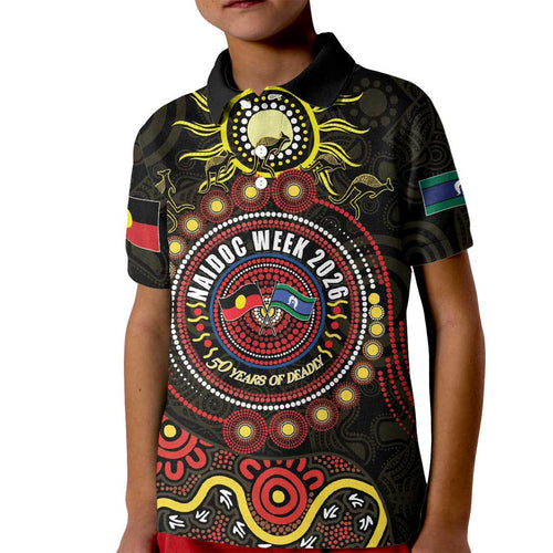 50 Years Of Deadly NAIDOC Week 2026 Kid Polo Shirt Aussie Kangaroo Aboriginal Art
