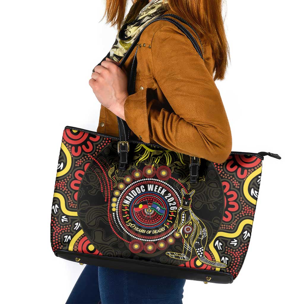 50 Years Of Deadly NAIDOC Week 2026 Leather Tote Bag Aussie Kangaroo Aboriginal Art