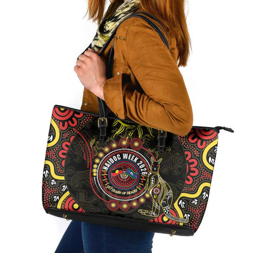 50 Years Of Deadly NAIDOC Week 2026 Leather Tote Bag Aussie Kangaroo Aboriginal Art
