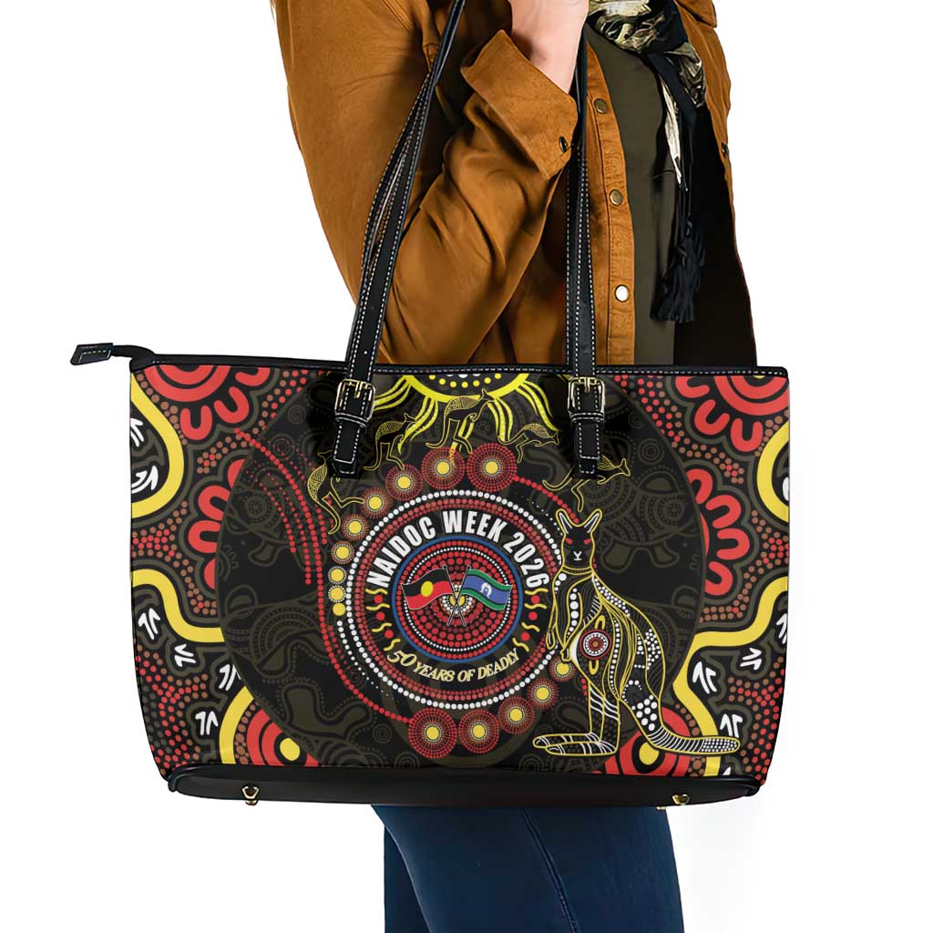 50 Years Of Deadly NAIDOC Week 2026 Leather Tote Bag Aussie Kangaroo Aboriginal Art