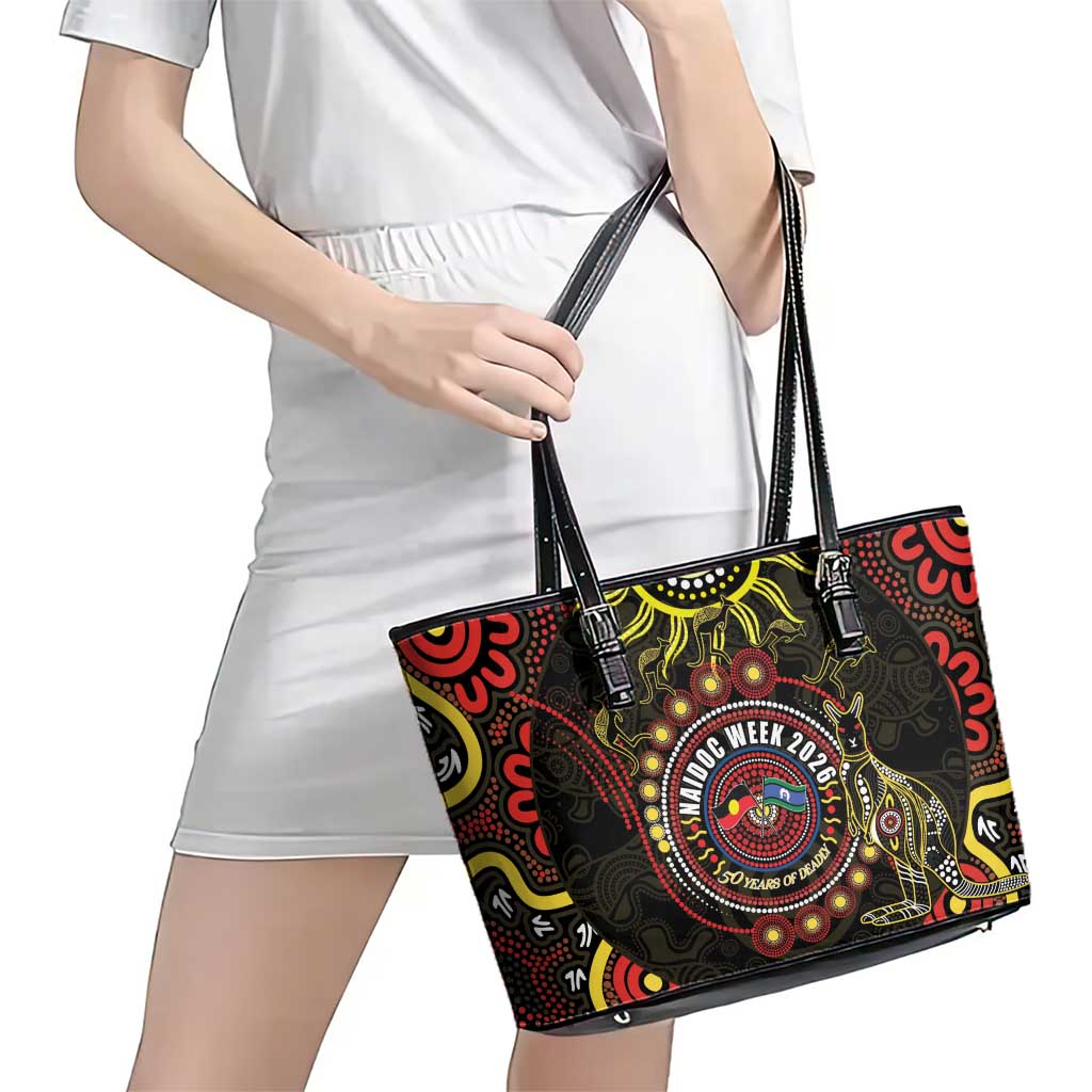 50 Years Of Deadly NAIDOC Week 2026 Leather Tote Bag Aussie Kangaroo Aboriginal Art