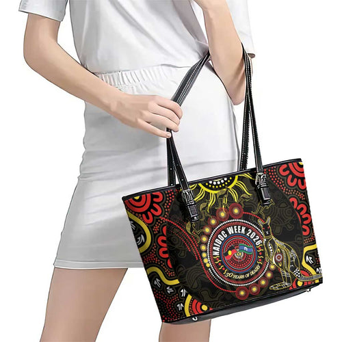 50 Years Of Deadly NAIDOC Week 2026 Leather Tote Bag Aussie Kangaroo Aboriginal Art
