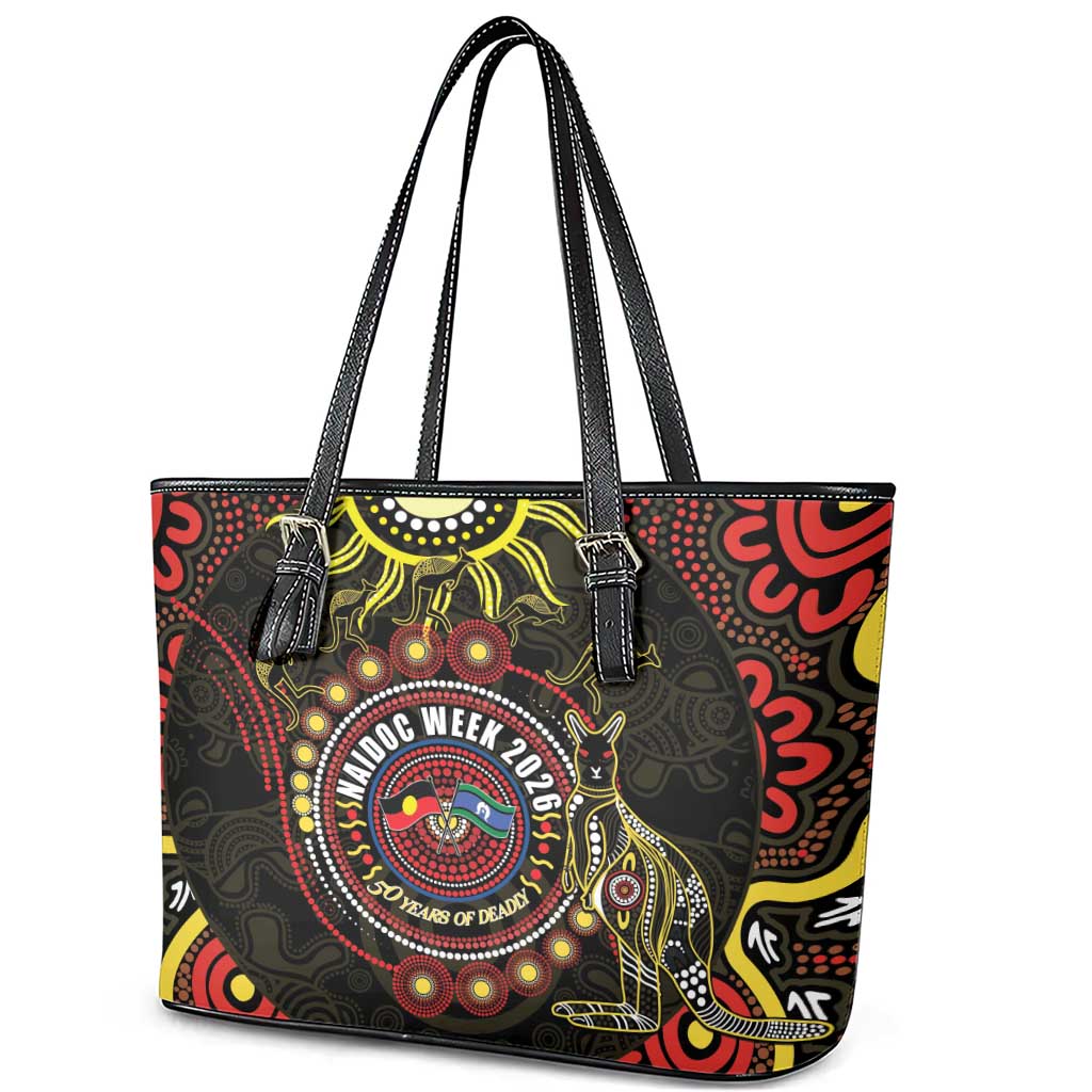 50 Years Of Deadly NAIDOC Week 2026 Leather Tote Bag Aussie Kangaroo Aboriginal Art