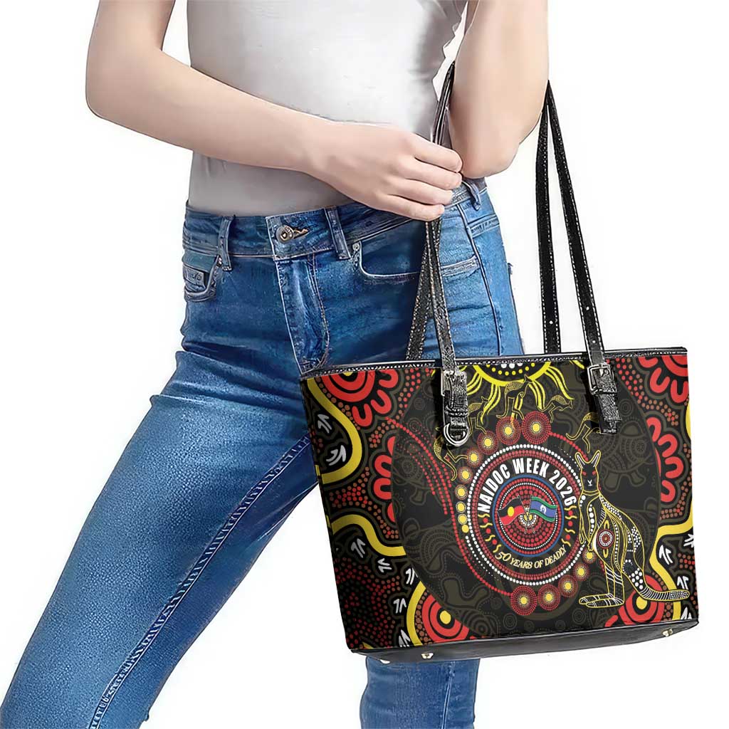 50 Years Of Deadly NAIDOC Week 2026 Leather Tote Bag Aussie Kangaroo Aboriginal Art