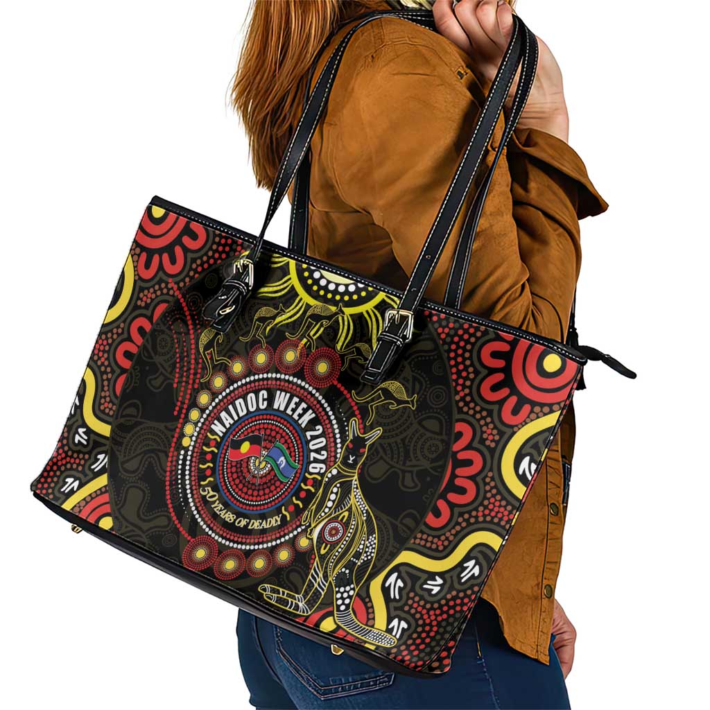 50 Years Of Deadly NAIDOC Week 2026 Leather Tote Bag Aussie Kangaroo Aboriginal Art