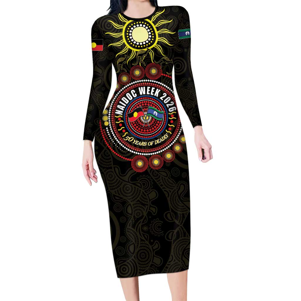 50 Years Of Deadly NAIDOC Week 2026 Long Sleeve Bodycon Dress Aussie Kangaroo Aboriginal Art