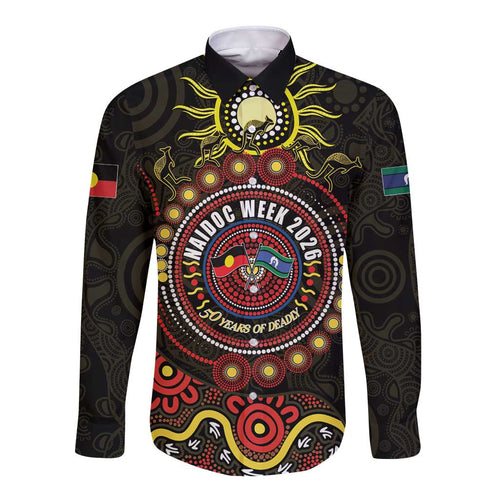 50 Years Of Deadly NAIDOC Week 2026 Long Sleeve Button Shirt Aussie Kangaroo Aboriginal Art