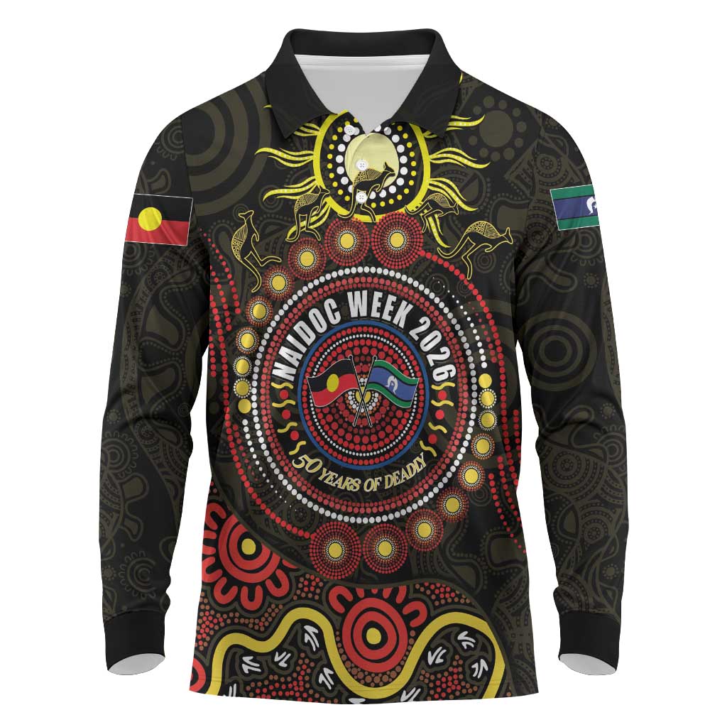 50 Years Of Deadly NAIDOC Week 2026 Long Sleeve Polo Shirt Aussie Kangaroo Aboriginal Art