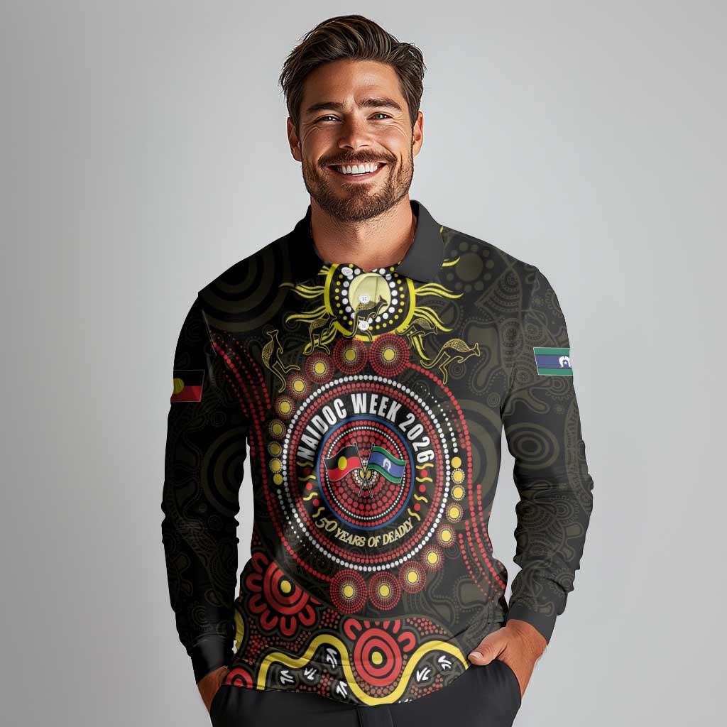 50 Years Of Deadly NAIDOC Week 2026 Long Sleeve Polo Shirt Aussie Kangaroo Aboriginal Art