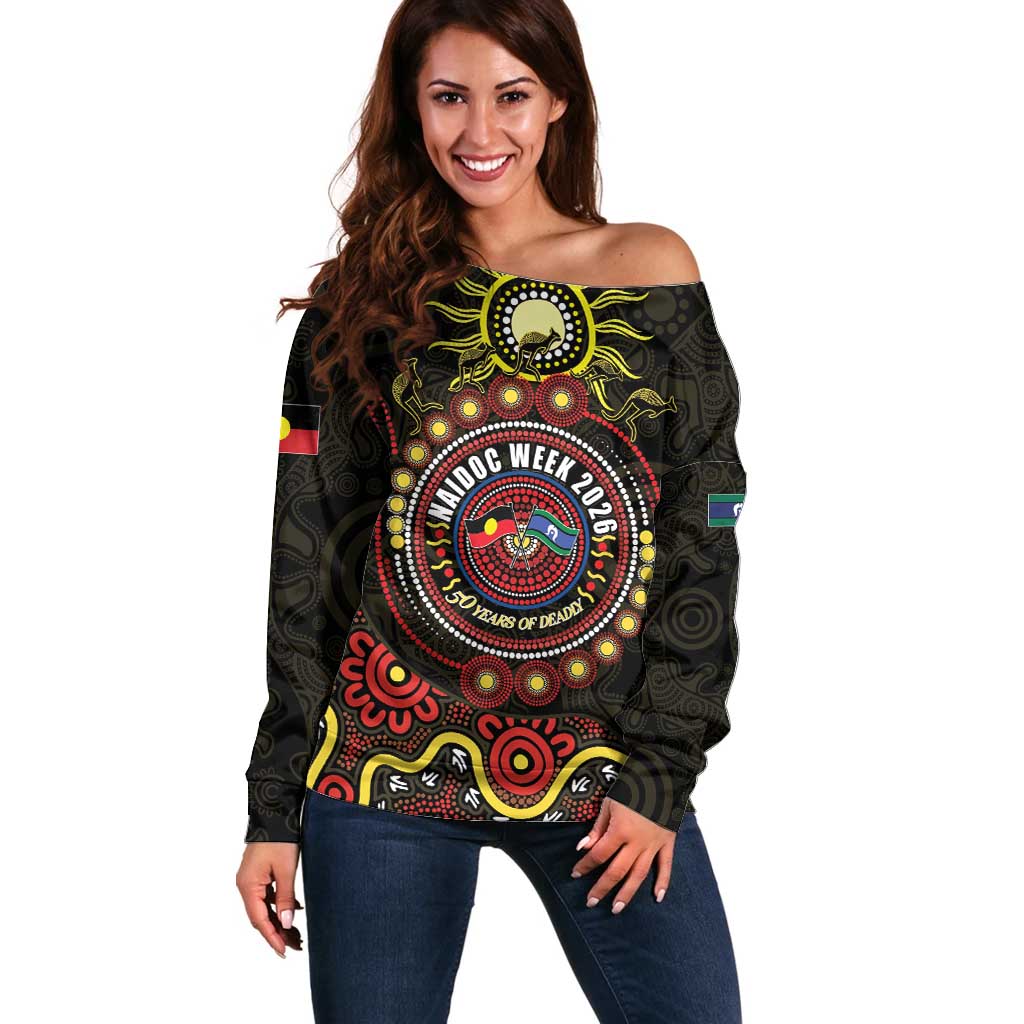 50 Years Of Deadly NAIDOC Week 2026 Off Shoulder Sweater Aussie Kangaroo Aboriginal Art