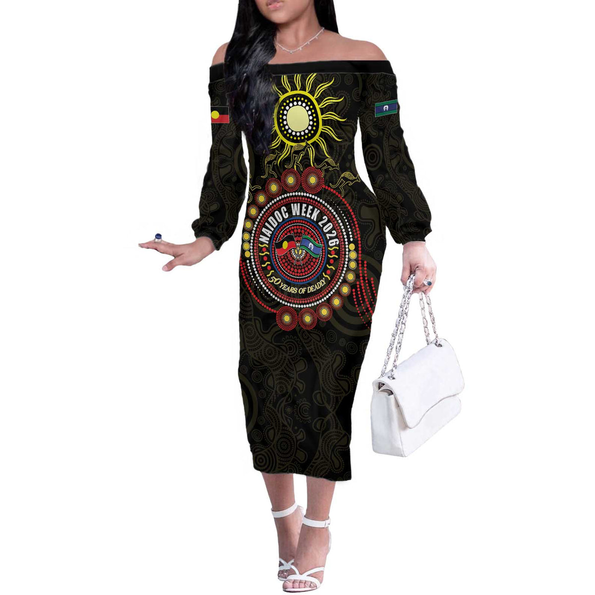 50 Years Of Deadly NAIDOC Week 2026 Off The Shoulder Long Sleeve Dress Aussie Kangaroo Aboriginal Art