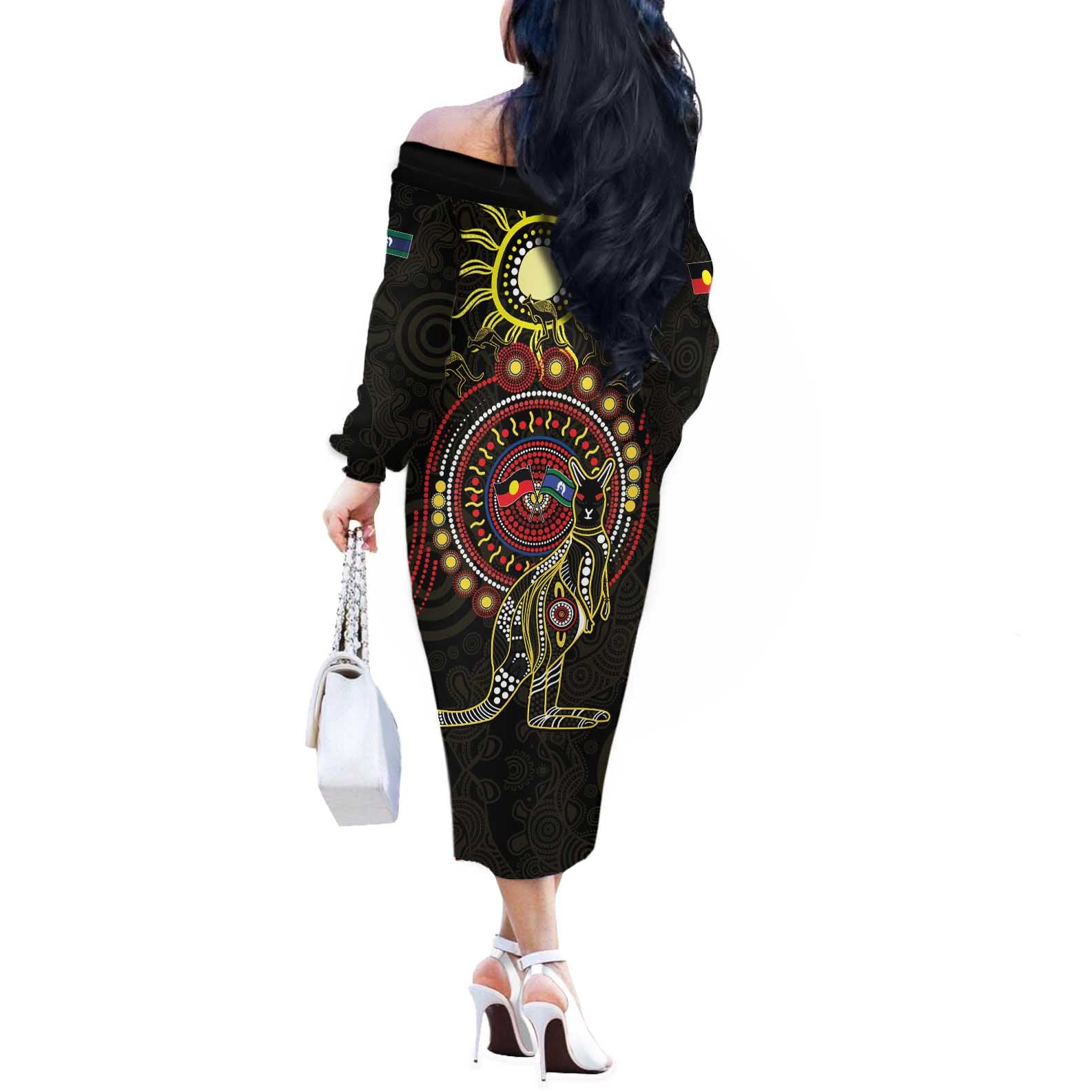 50 Years Of Deadly NAIDOC Week 2026 Off The Shoulder Long Sleeve Dress Aussie Kangaroo Aboriginal Art