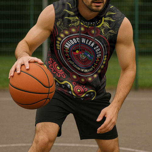 50 Years Of Deadly NAIDOC Week 2026 Sleeveless Hoodie Aussie Kangaroo Aboriginal Art