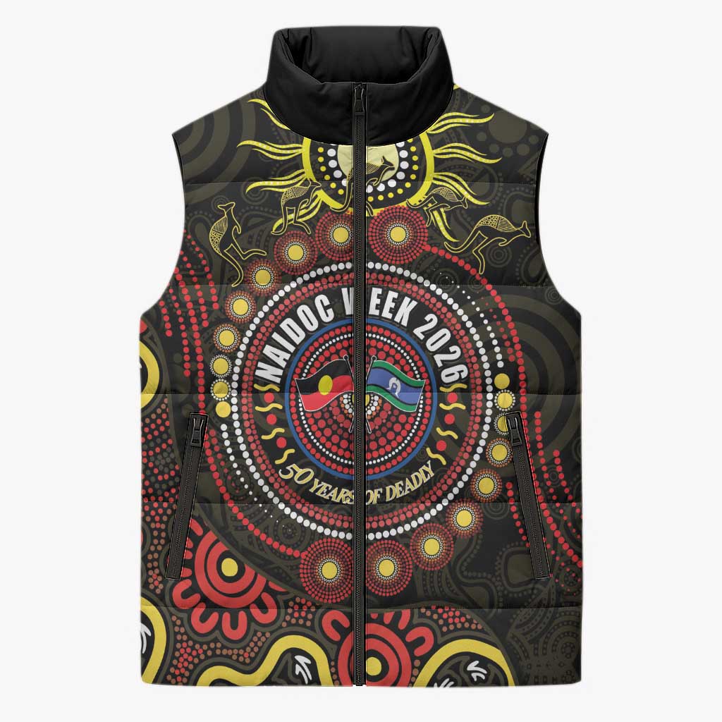 50 Years Of Deadly NAIDOC Week 2026 Sleeveless Puffer Jacket Aussie Kangaroo Aboriginal Art