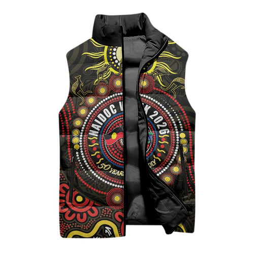50 Years Of Deadly NAIDOC Week 2026 Sleeveless Puffer Jacket Aussie Kangaroo Aboriginal Art