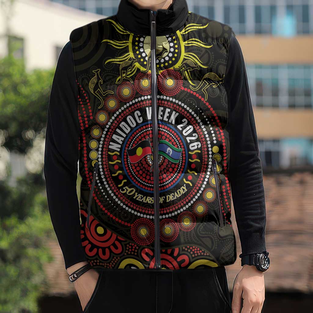 50 Years Of Deadly NAIDOC Week 2026 Sleeveless Puffer Jacket Aussie Kangaroo Aboriginal Art