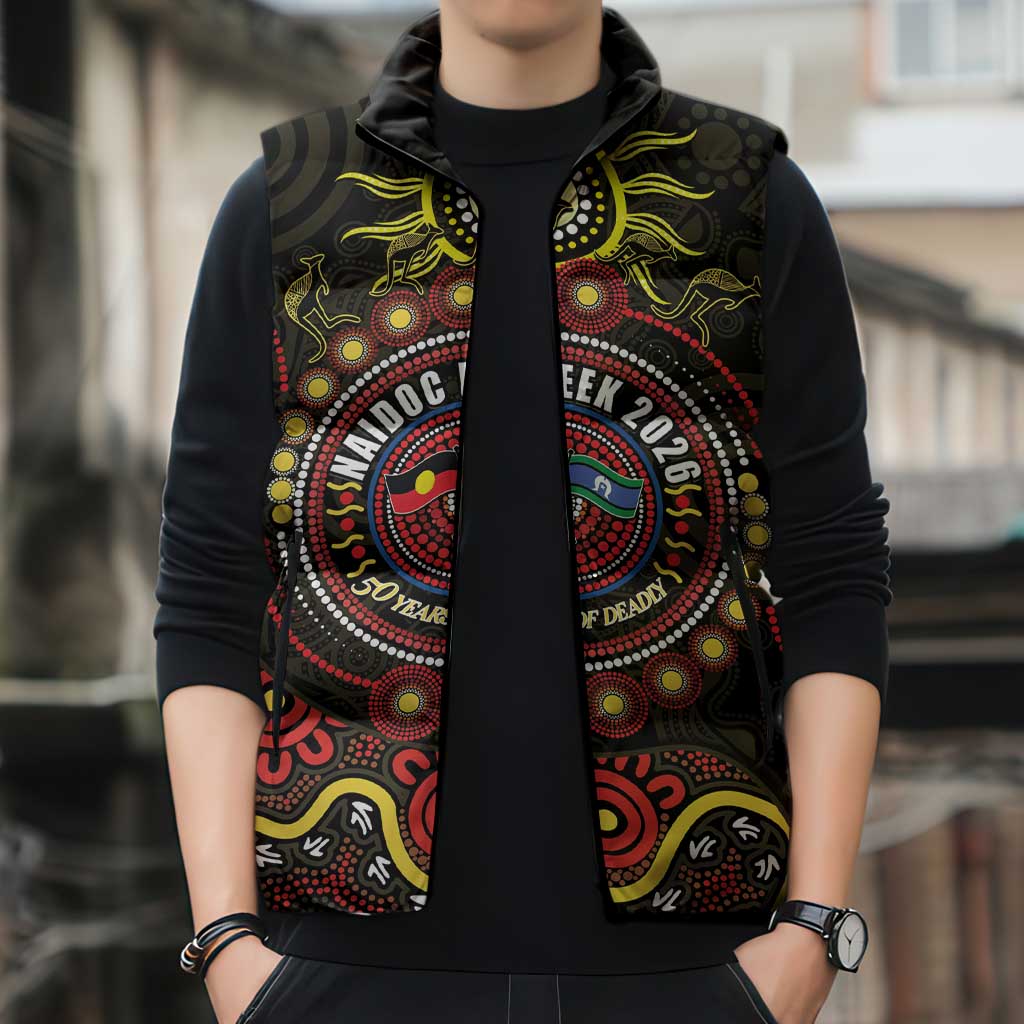 50 Years Of Deadly NAIDOC Week 2026 Sleeveless Puffer Jacket Aussie Kangaroo Aboriginal Art