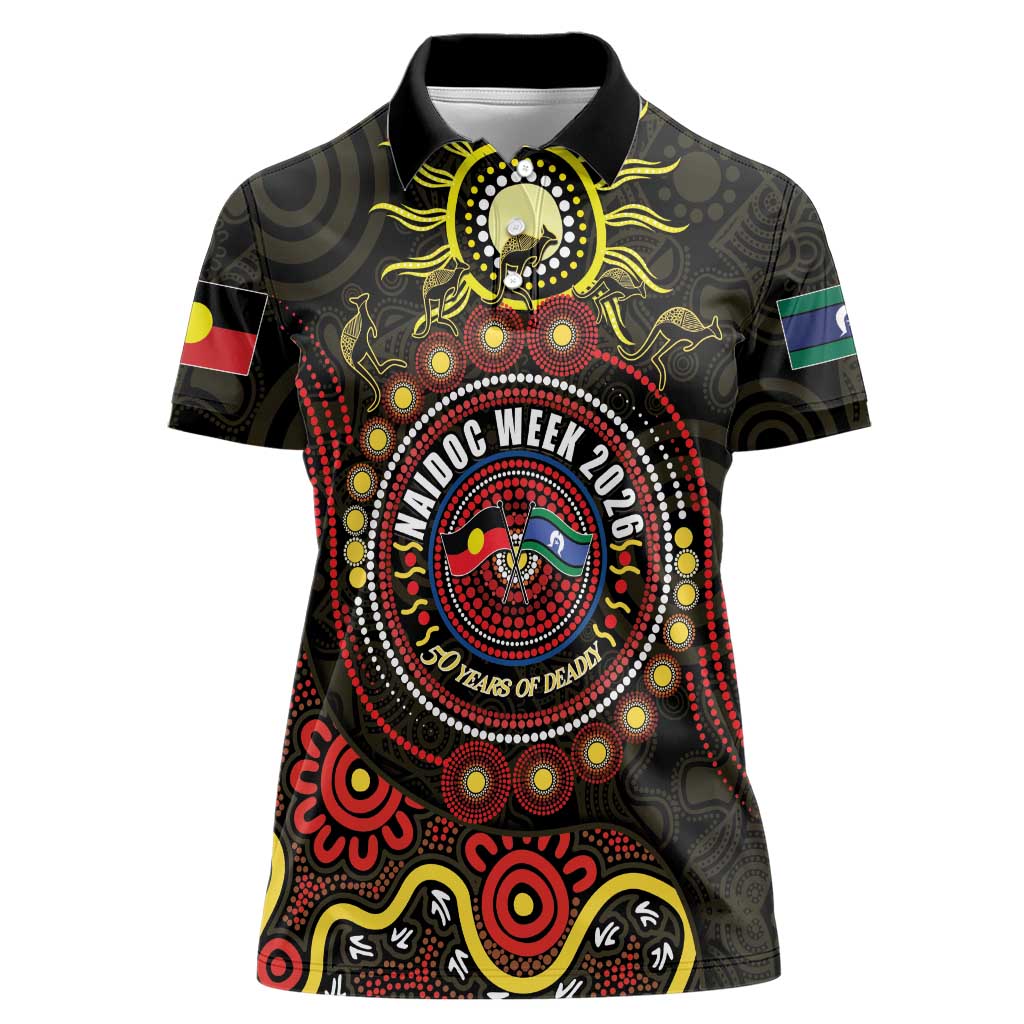 50 Years Of Deadly NAIDOC Week 2026 Women Polo Shirt Aussie Kangaroo Aboriginal Art