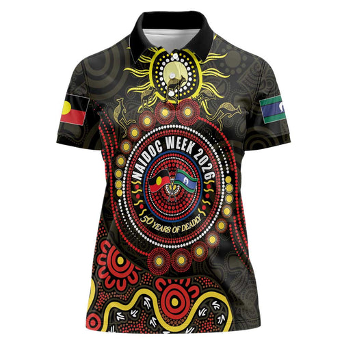 50 Years Of Deadly NAIDOC Week 2026 Women Polo Shirt Aussie Kangaroo Aboriginal Art