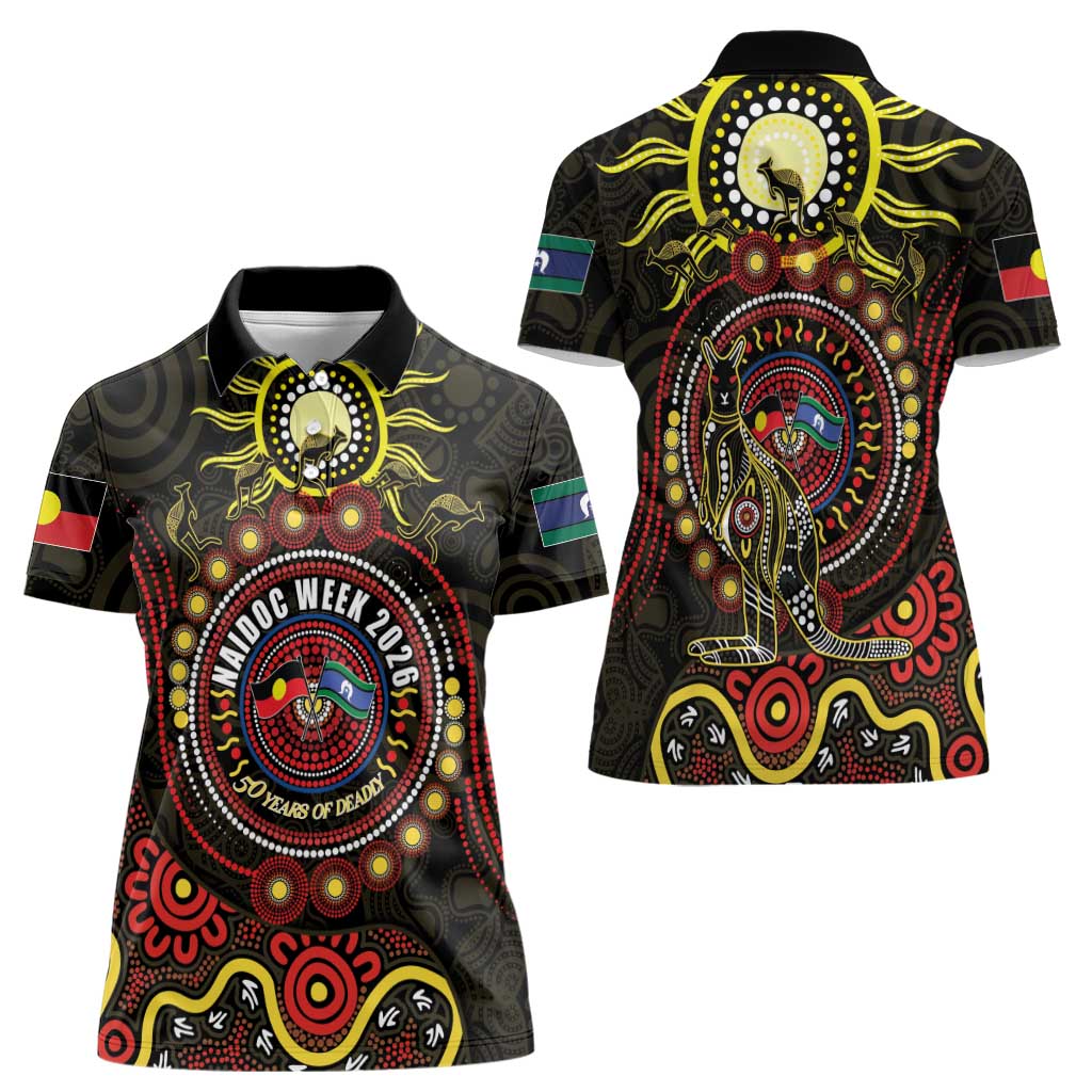 50 Years Of Deadly NAIDOC Week 2026 Women Polo Shirt Aussie Kangaroo Aboriginal Art