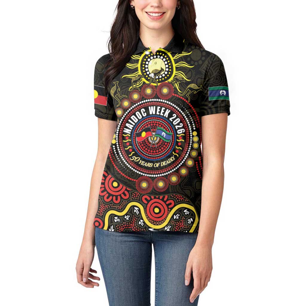 50 Years Of Deadly NAIDOC Week 2026 Women Polo Shirt Aussie Kangaroo Aboriginal Art