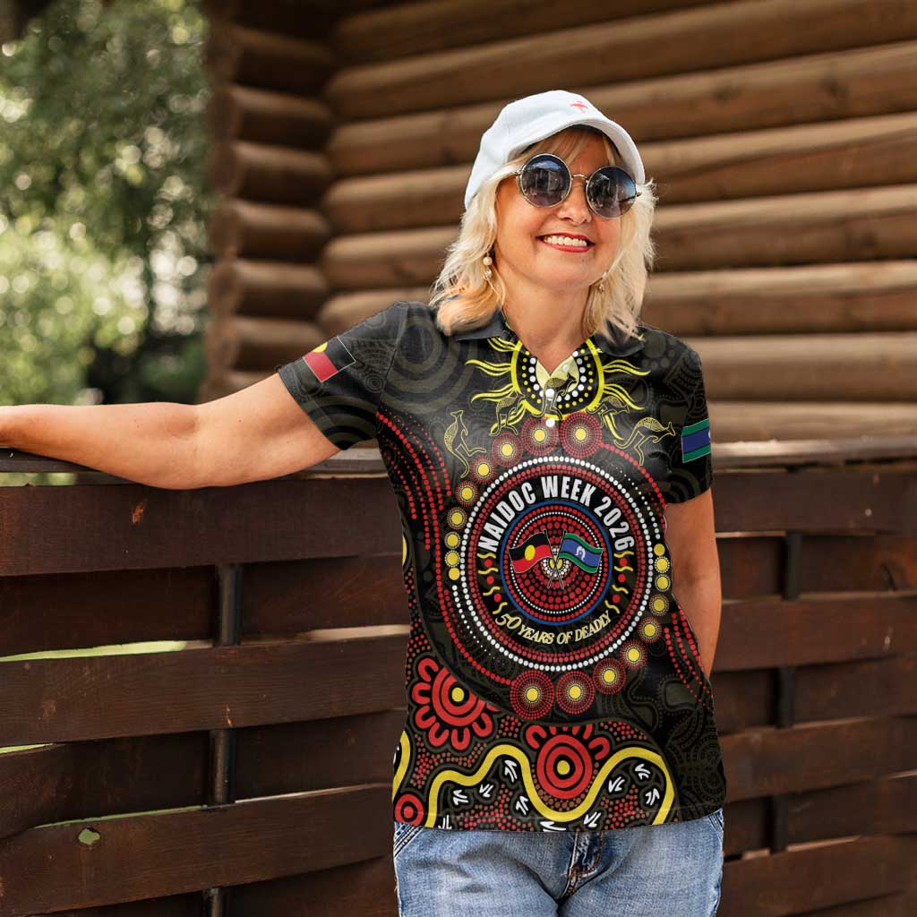 50 Years Of Deadly NAIDOC Week 2026 Women Polo Shirt Aussie Kangaroo Aboriginal Art