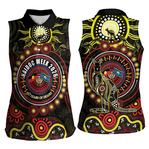 50 Years Of Deadly NAIDOC Week 2026 Women Sleeveless Polo Shirt Aussie Kangaroo Aboriginal Art