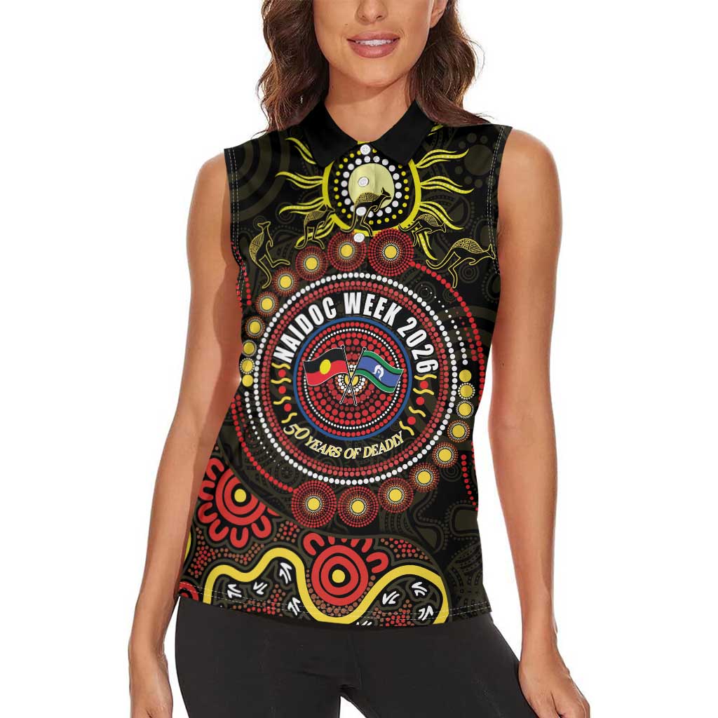 50 Years Of Deadly NAIDOC Week 2026 Women Sleeveless Polo Shirt Aussie Kangaroo Aboriginal Art