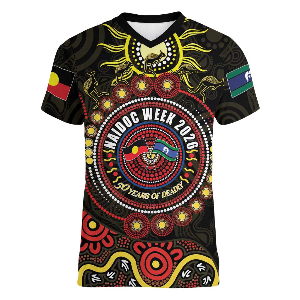 50 Years Of Deadly NAIDOC Week 2026 Women V-Neck T-Shirt Aussie Kangaroo Aboriginal Art
