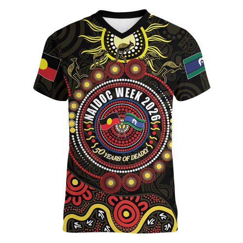 50 Years Of Deadly NAIDOC Week 2026 Women V-Neck T-Shirt Aussie Kangaroo Aboriginal Art
