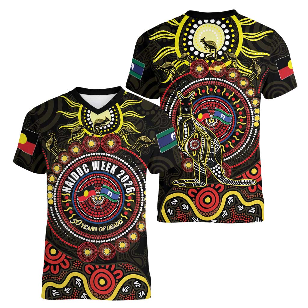 50 Years Of Deadly NAIDOC Week 2026 Women V-Neck T-Shirt Aussie Kangaroo Aboriginal Art