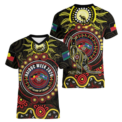 50 Years Of Deadly NAIDOC Week 2026 Women V-Neck T-Shirt Aussie Kangaroo Aboriginal Art