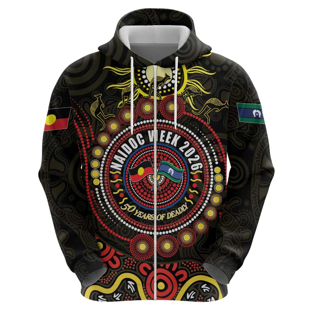 50 Years Of Deadly NAIDOC Week 2026 Zip Hoodie Aussie Kangaroo Aboriginal Art