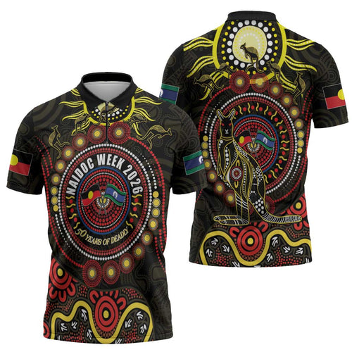 50 Years Of Deadly NAIDOC Week 2026 Zipper Polo Shirt Aussie Kangaroo Aboriginal Art