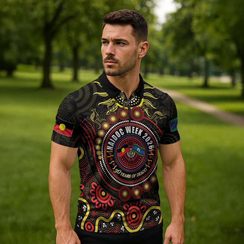 50 Years Of Deadly NAIDOC Week 2026 Zipper Polo Shirt Aussie Kangaroo Aboriginal Art