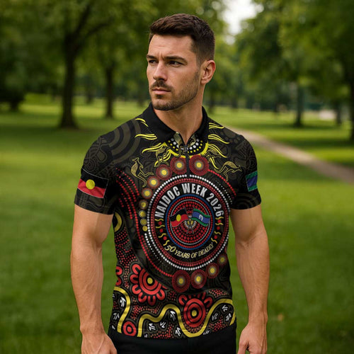 50 Years Of Deadly NAIDOC Week 2026 Zipper Polo Shirt Aussie Kangaroo Aboriginal Art