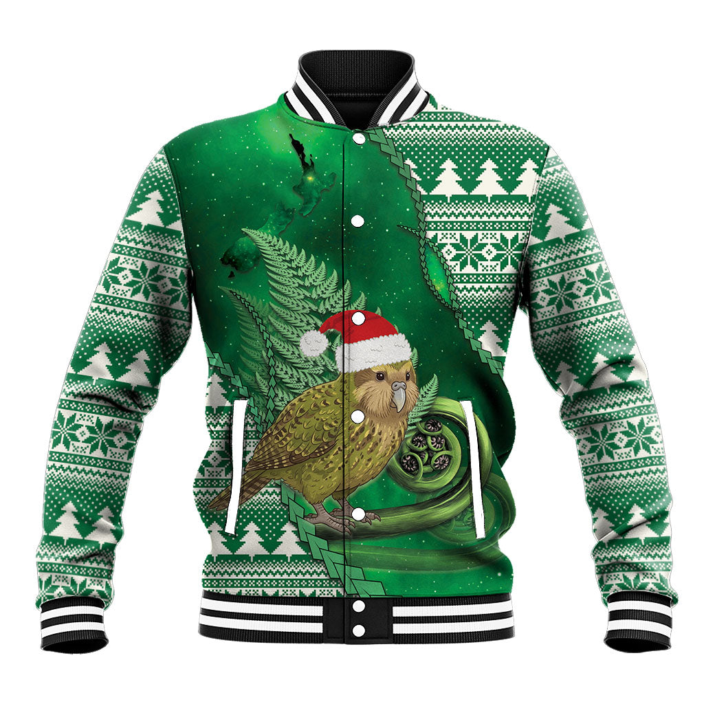New Zealand Kakapo Christmas In July Baseball Jacket Silver Fern Santa Xmas Green Color