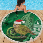 New Zealand Kakapo Christmas In July Beach Blanket Silver Fern Santa Xmas Green Color
