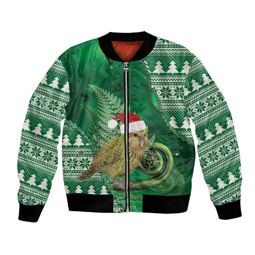 New Zealand Kakapo Christmas In July Bomber Jacket Silver Fern Santa Xmas Green Color